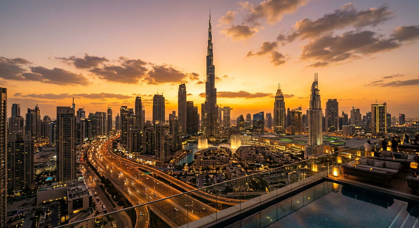 Dubai skyline with the Burj Khalifa at golden sunset