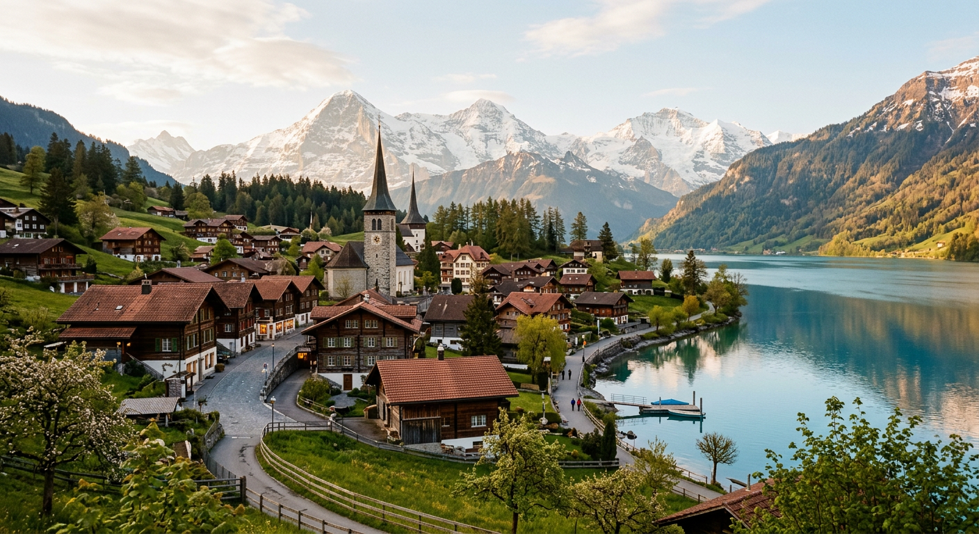 Alpine lake village in Switzerland with snowy mountains