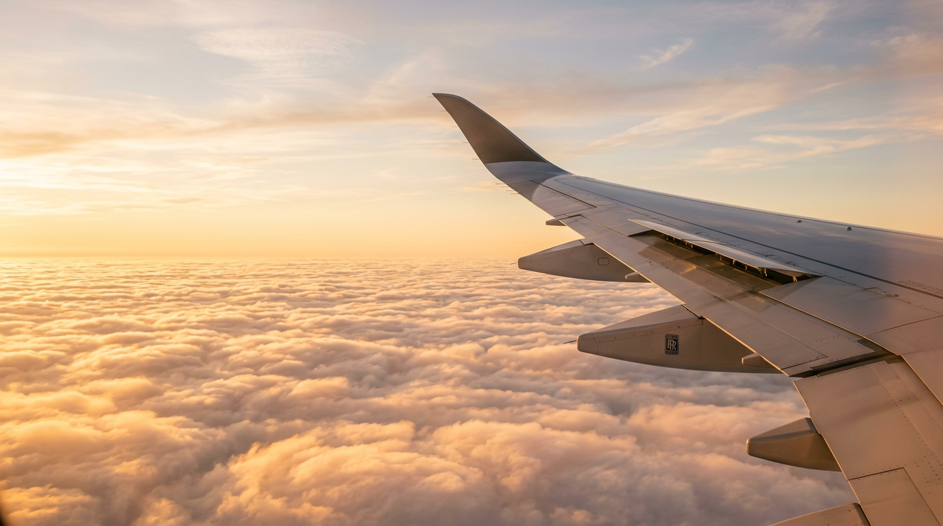 View from an airplane window over glowing golden clouds at sunset