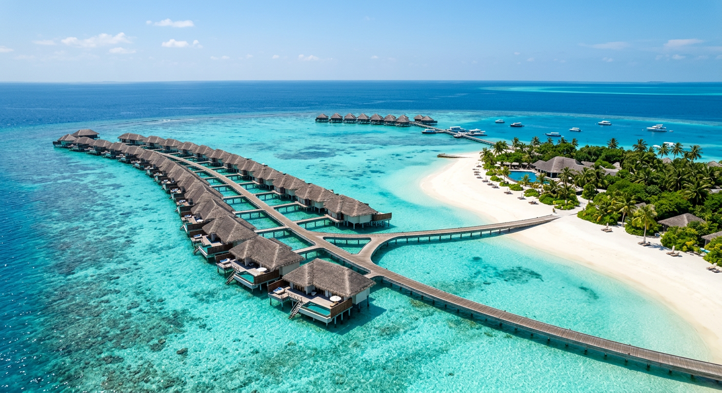 Overwater villas on a turquoise lagoon in the Maldives